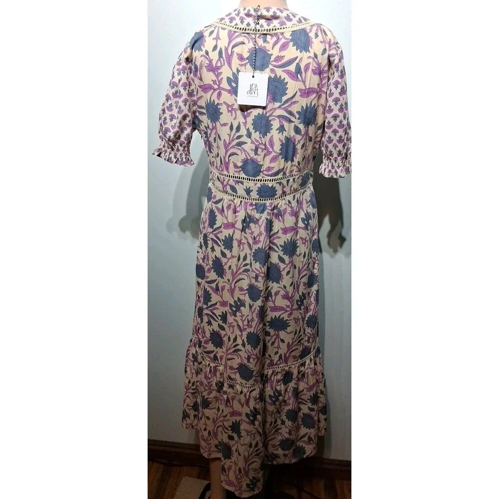dRA Los Angeles Long Cotton Floral Print Dress Crochet Detail Size M NWOT - Picture 5 of 9